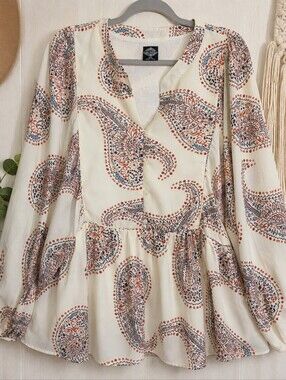 Cal Style 2XL Paisley Tunic Blouse Boho Peplum Balloon Sleeve Top